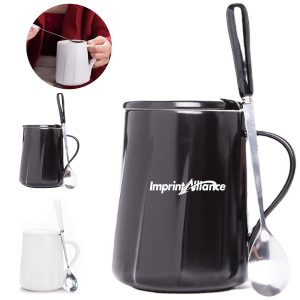 13oz. Ceramic Mug with Lid and Spoon for Office and Home