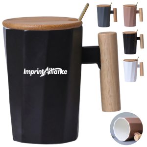 12oz. Ceramic Mug w/ Wooden Handle Lid & Spoon