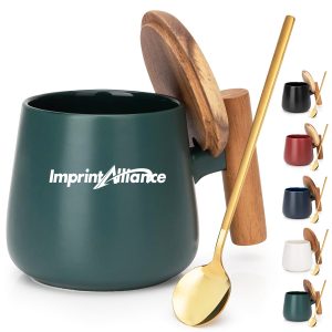 15oz. Ceramic Mug with Wooden Handle Bamboo Lid and Spoon