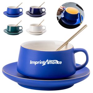 10oz. Ceramic Coffee Cup Saucer and Spoon Set for Daily Use