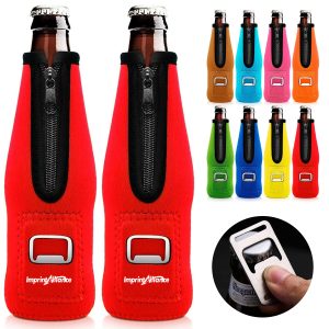 Neoprene Beer Bottle Sleeve with Zipper and Built In Opener