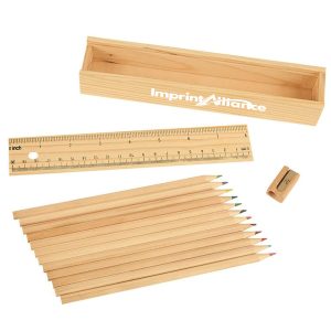Wooden 12 Pcs Colored Pencil Set With Ruler Lid