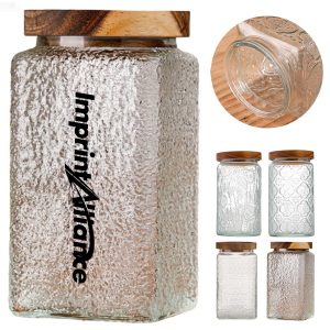 34oz. Vintage Embossed Square Glass Storage Jar w/Wooden Lid