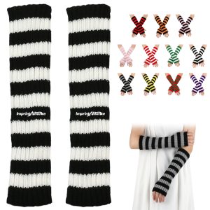 Striped Knitted Fingerless Arm Warmers Long Sleeve Gloves