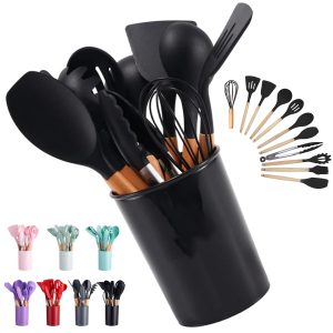 12-Piece Silicone Kitchen Utensil Set with Wood Handles