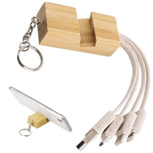 Bamboo Multi-Charging Cable with Phone Stand & Keychain