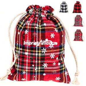 Festive Plaid Cotton Linen Drawstring Christmas Gift Bag Set