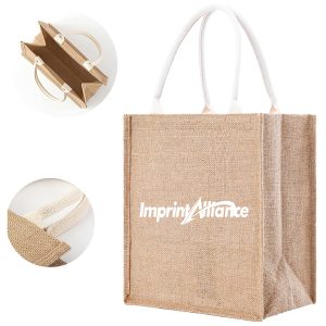 Natural Jute Burlap A4 Tote Bag W/ White Cotton Rope Handles
