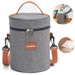 Cylindrical Grey Insulated Cooler Bag W/ Leatherette Accents