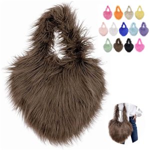 Heart Shaped Plush Faux Fur Shoulder Hobo Bag