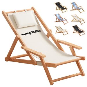 Foldable Wooden Beach Chair with Armrests and Head Pillow