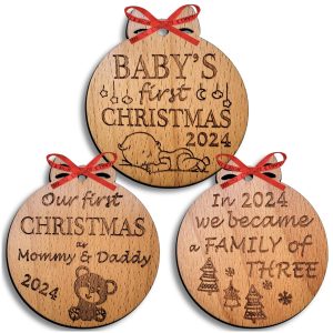 Wood Round Christmas Ornament With Plaid Bow
